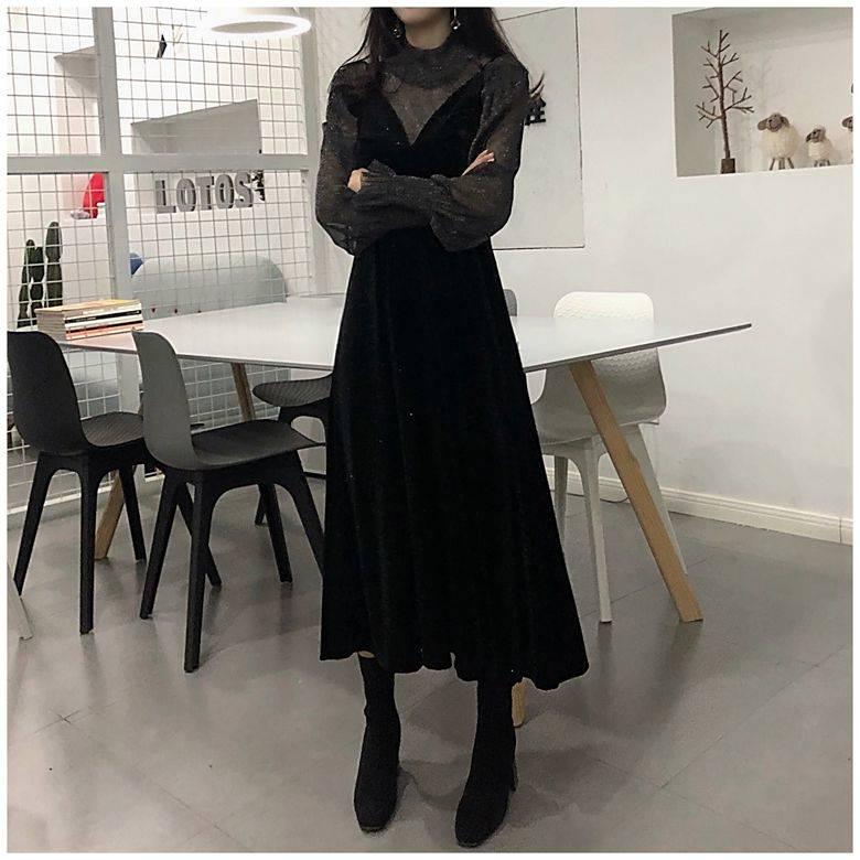 Sling Dress Two-piece Women's Korean Style Loose Mesh Gauze Stitching V-neck Long Sleeve Suit