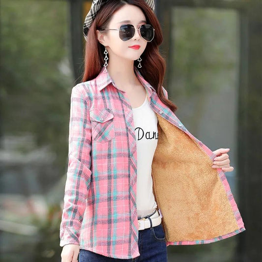 Winter Warm Women Velvet Thicker Jacket Plaid Shirt Style Coat Casual Outerwear