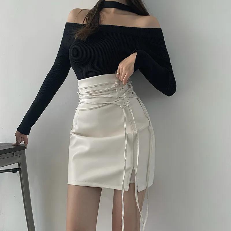 Pu Leather Skirt Women's Black High Waist Slit Bag Hip Short Skirt Spring Tie Skirt