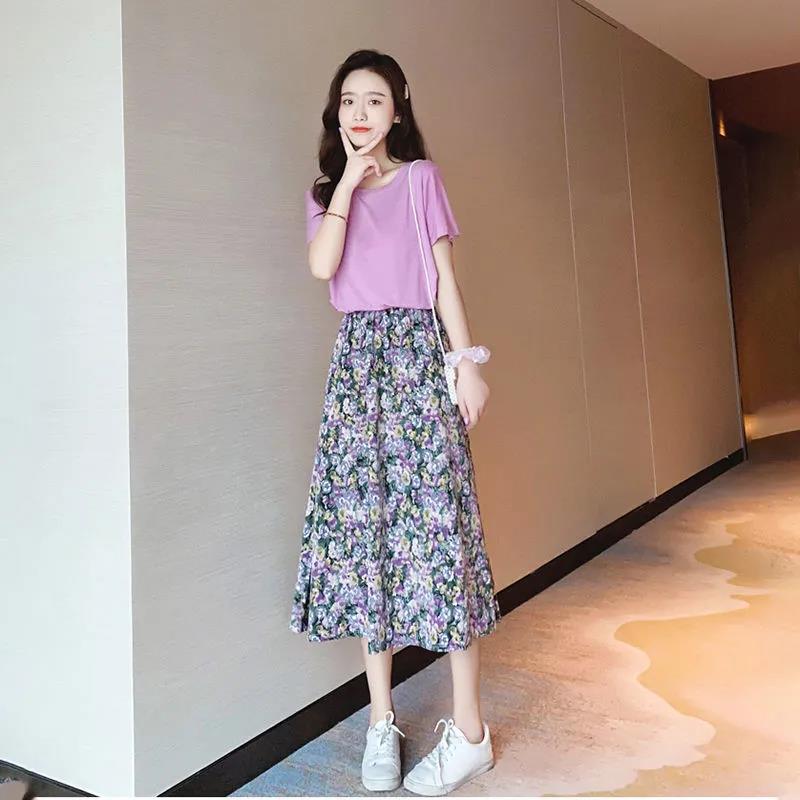 Floral Skirt Women Chiffon High Waist Long Skirt A-line Skirt Mid-length Floral Skirt Elastic Waistline Ladies Skirt Fabric Light and Breathable