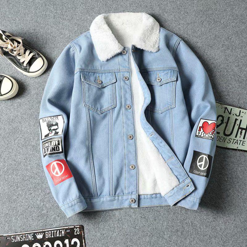 Lamb Plush Loose Denim Jacket Men's Clothing Autumn and Winter Plus Velvet Thick Denim Jacket Men's Trend