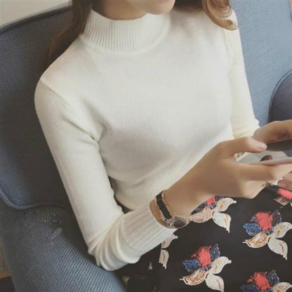 Pofulove Autumn Half Turtleneck Sweater Women Bottoming Shirt Black Long-sleeved Slim Pullover Shirt