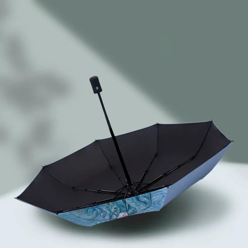 Fully Automatic Umbrella Cartoon Oil Painting Female Student Sunny and Rainy Sun Umbrella Black Glue Sunscreen Anti-ultraviolet Sunshade