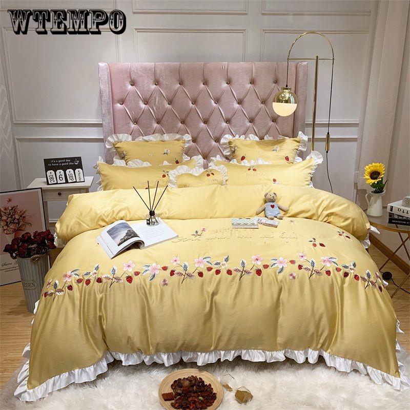 Cotton 4pcs Jacquard Silk Cotton Luxury Bedding Set King Size Queen Bedclothes Bed Skirt