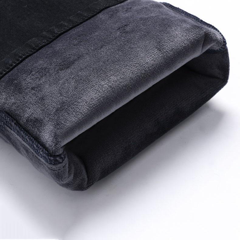 Men's Autumn and Winter Fleece Padded Black Trousers Large Size Straight Elastic Black Jeans for Business Men