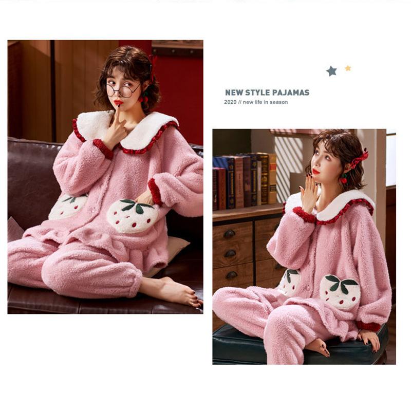 Ladies Cartoon Pajamas Autumn and Winter Coral Velvet Thickening Plus Velvet Pajamas Winter Warm Flannel Long-sleeved Plus Size Home Service