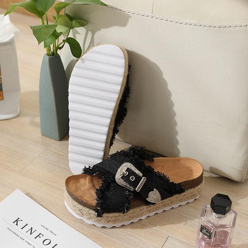 Summer Women's Shoes Handmade Hemp Rope Drag Sandals Cross Denim Increased Thick Bottom All-match Retro Popular Fashion Slippers