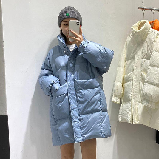 European Fashion Padded Down Jacket Women Winter Mid-length Korean Loose White Duck Down