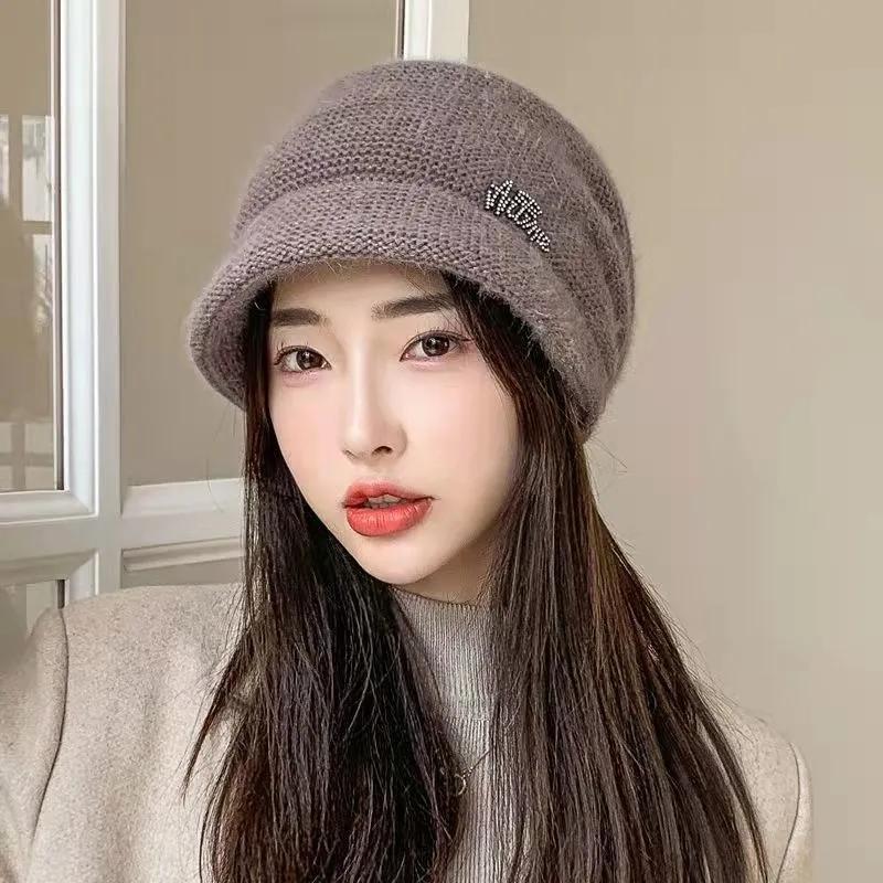 Women's Autumn Winter All-match Korean Version Warm Pile Hat Knitted Woolen Hat Solid Knitting Hat with Brim Rabbit Hair Blend Rhinestone Hat