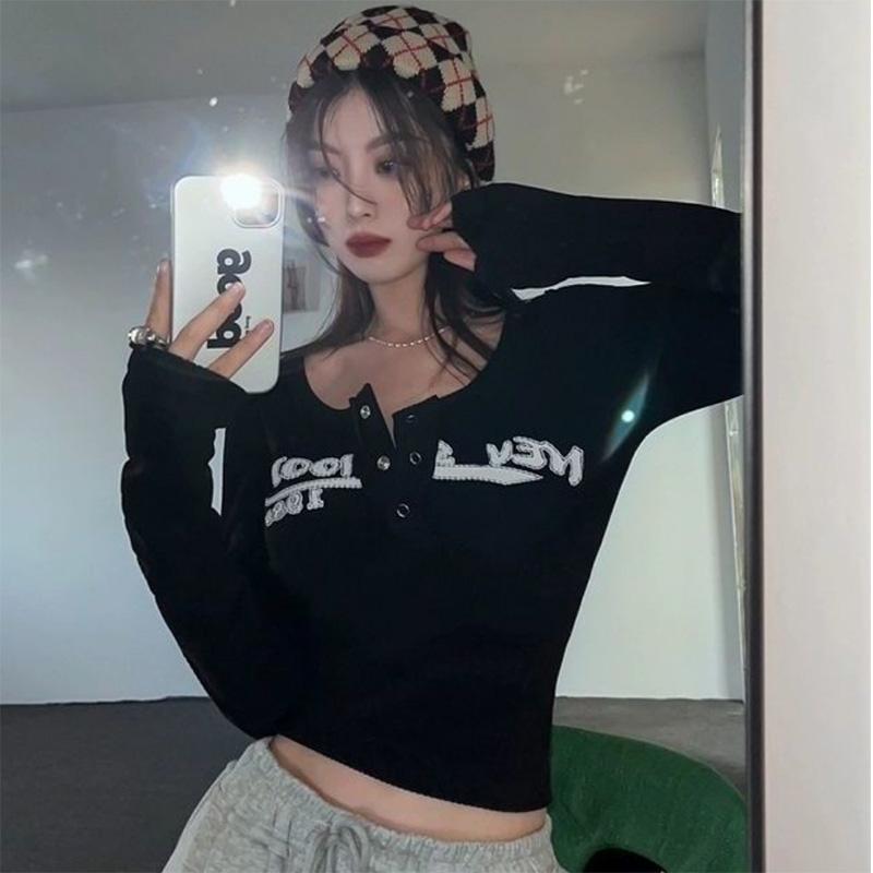 Sexy Retro Bottoming Shirt Women's Tight Short Style with Chic Long Sleeve T-Shirt Top