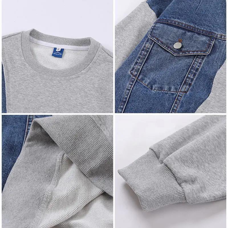Autumn and Winter Plus Velvet Thick Plus Size Couples Wear Denim Stitching Loose and Versatile Warm and Comfortable Sweater