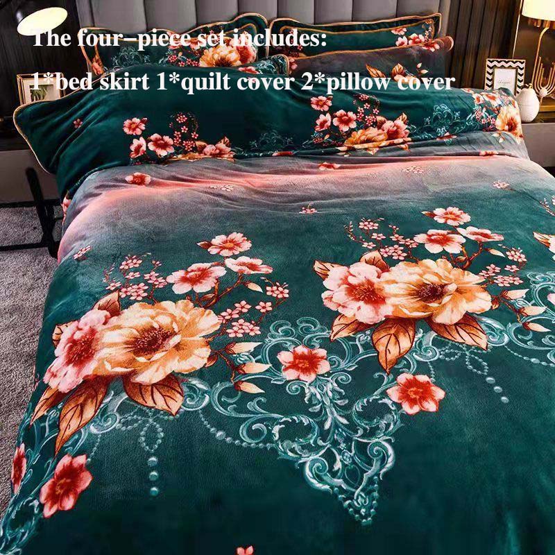 Warm Printing Four-piece Double-sided Fleece Bed Skirt Quilt Cover Pillowcase Set Bedding