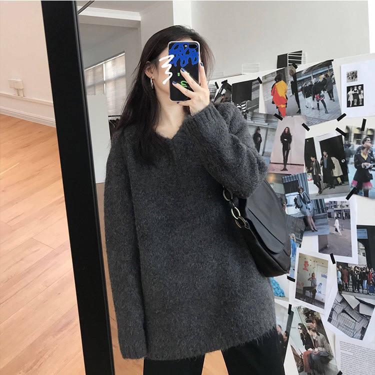 Pofulove Autumn Winter Korean Lazy Sweater Women Loose V-neck Pullover Long Sleeved Sweater