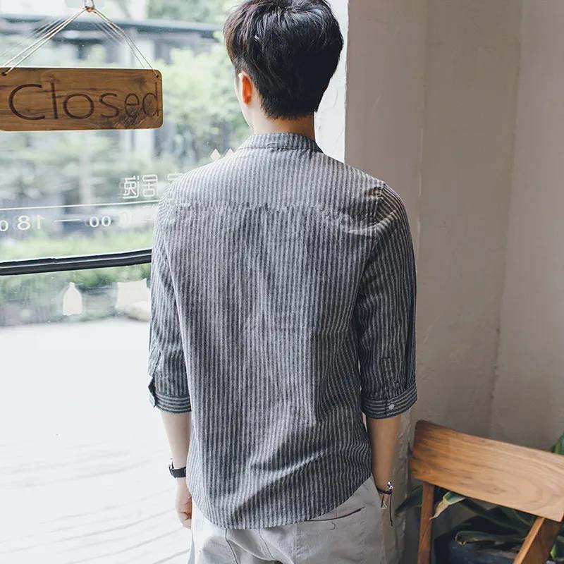Summer Men's Shirt 7-quarter Sleeves Stand Collar Striped Shirt All-match Casual Short-sleeved Shirt