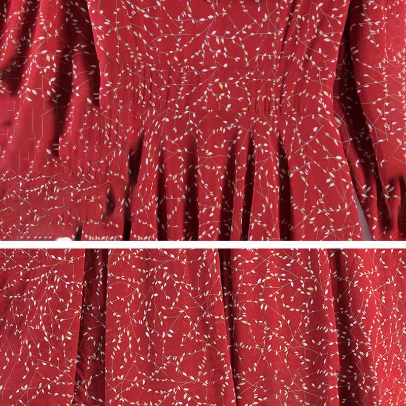 Chiffon Bowknot Dress Printed Base Dress Long Sleeve Floral Big Swing Long Skirt Large Size Women's Clothing Waist Waist Thin Thin Fabric