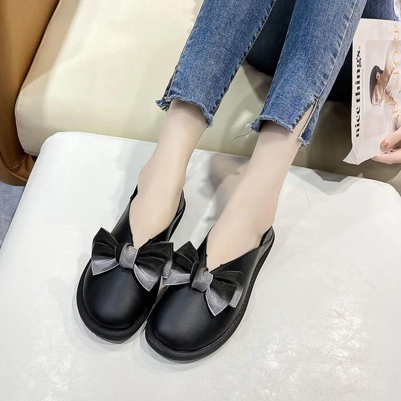 Ladies Slip-on Beanie Shoes Bow Flat Shallow Mouth Single Shoes Soft Bottom Comfortable Mother Shoes with Skirt Small White Shoes