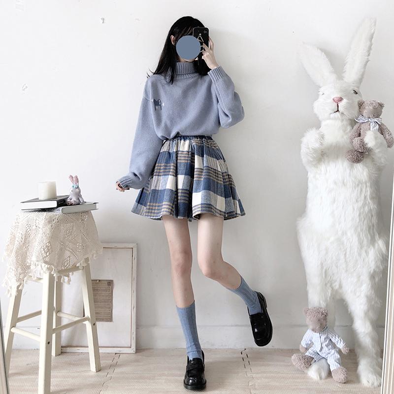 Sweet Suit High Neck Warm Knitted Sweater Women + A-line Short Skirt Loose Two-piece Suit All-match Cute Woolen Short Skirt Women
