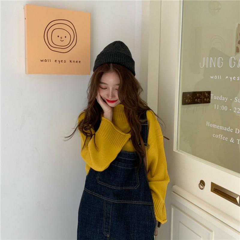 Pofulove sweater women autumn and winter students loose half turtleneck knitted soft milk blue top