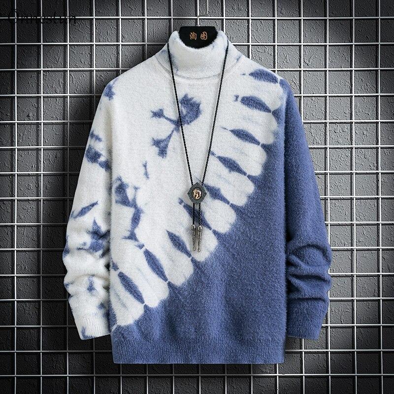 Sweater Winter Men's Knitted Pullover Casual Hip Hop Print Warm Turtleneck Imitation Mink Sweaters Man Tops