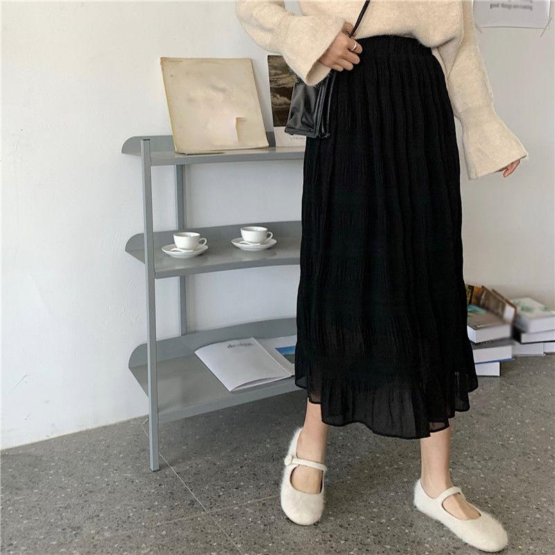 Folds Yarn Skirt Woman's Mid-length Elastic Waist Ruffle Hem  High Waist A-line Skirt School Work Travel