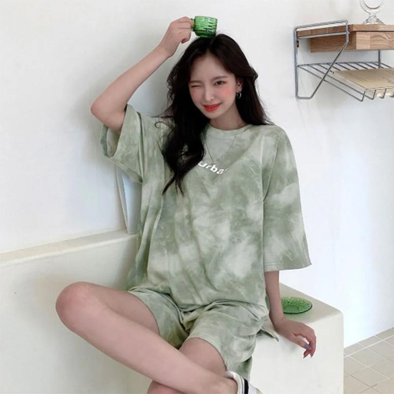 Pure Cotton Casual Sportswear Suit Women's Summer Short-sleeved Shorts Fashion Halo Dyed Loose Two-piece Suit