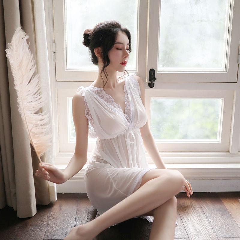 Plus Size Women's Sexy Mesh Nightdress Summer Transparent See-through Lace Suspenders Short-sleeves Two-wear Sexy Nightdress
