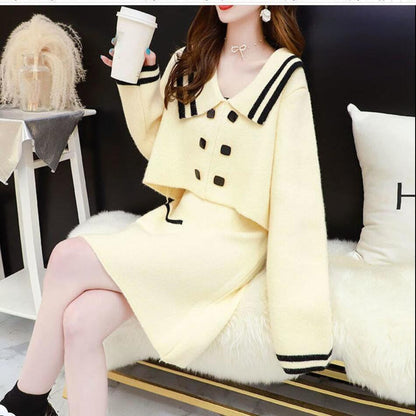Spring and Autumn Suit Lapel Fashion Jacket Off Shoulder Color Matching Sexy Sweater Double-breasted Button Long-sleeved Top