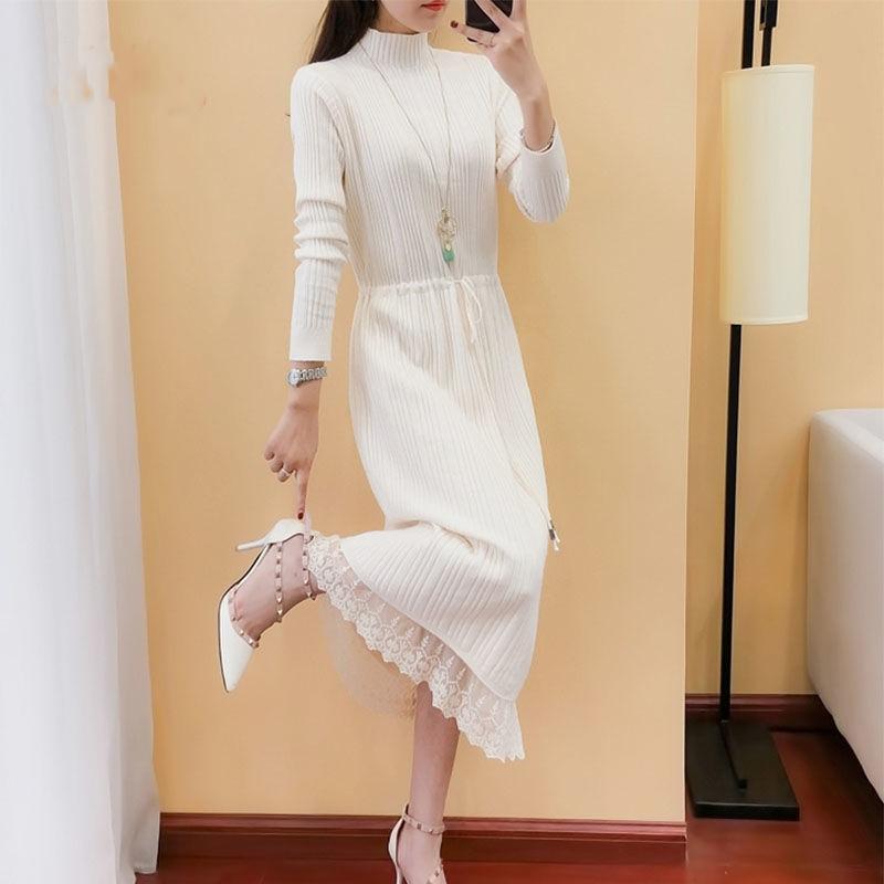 Long Sweater Dress Over The Knee Thickening New Women's Half High Neck Lace Stitching Lace Knitted Dress