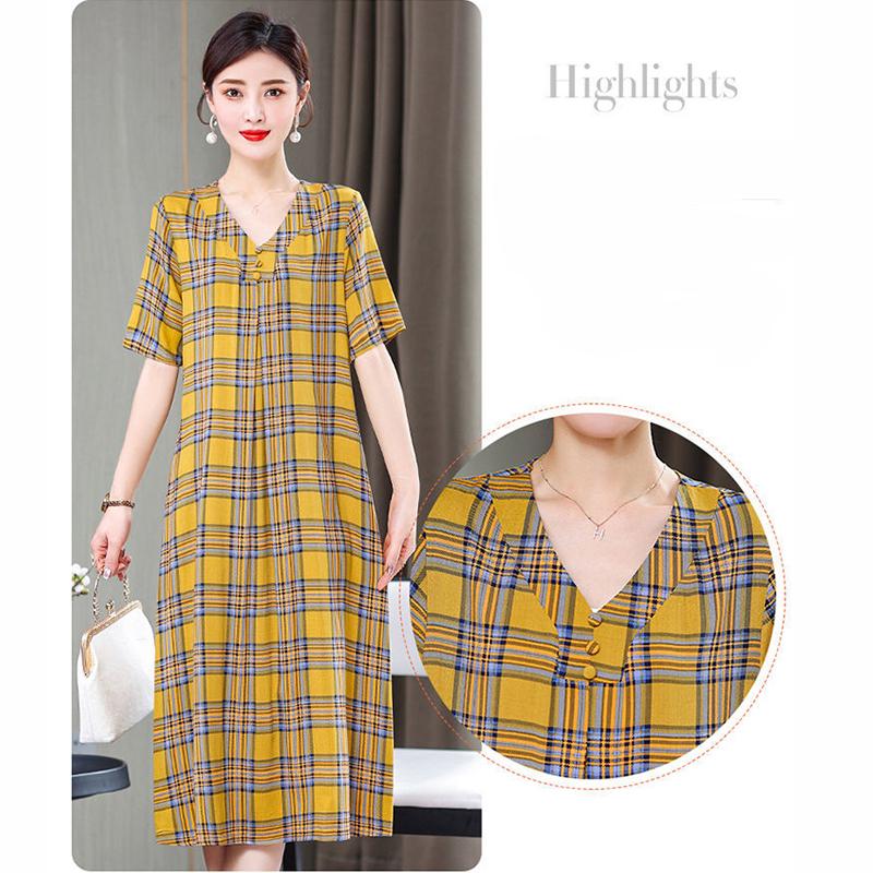 Loose Comfortable Plus Size XL-XXXXXL Cotton Short-sleeved A-line V-neck Ruffle Dress Summer Printing Calf-length Skirt