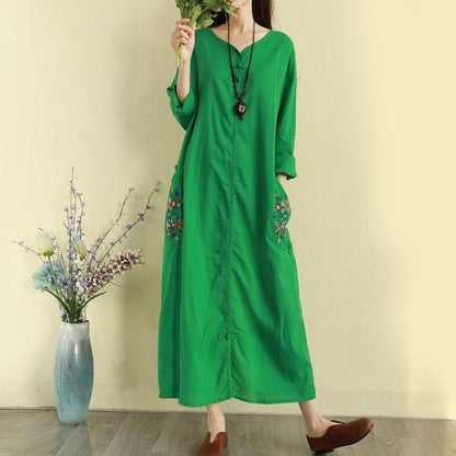 Retro Ethnic Style Cotton and Linen Embroidered Dress Long Full Length Buckle Loose Chinese Style