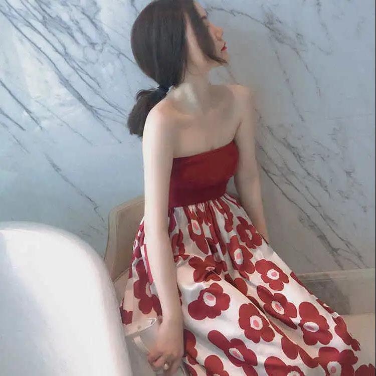 Women Summer Vintage High Waist Sleeveless Party Dress Elegant Slim Floral Printed Backless Long Dress