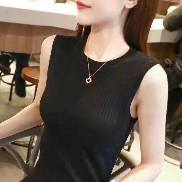 Summer Women Tops Solid Color Blouses Slim Sleeveless Tee Shirt Plus Size White T-Shirt Female Knitted Stretch Top
