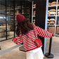 Color Striped Loose Striped Stretch Sweater Long Sleeve Round Neck Mesh Sweater Women