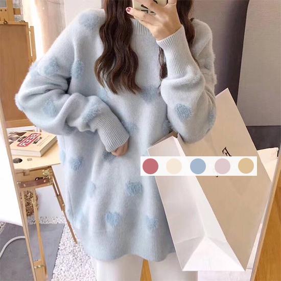 Women Knitwear Crew Neck Loose Simple Color Cherry Heart Print Sweater Pullover Jumper Top