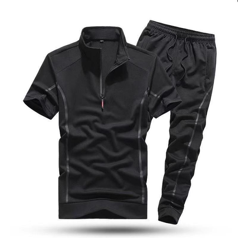 Short-sleeved Suit Men's Summer Stand-up Collar Sportswear Youth Two-piece Solid Color Casual Business T-shirt