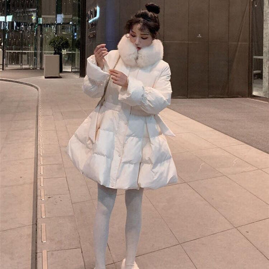 Real Fur Collar Down Padded Jacket Women's Waist Slimming Mid-length Korean Fashion Loose Coat