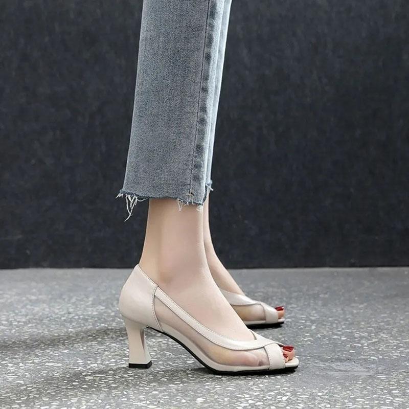Soft Leather Mesh Thick Heel Sandals for Women's Outer Wear Spring and Summer Fashion All-match Fish Mouth Mid-heel Shoes