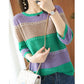 Thin Knit Sweater Half Sleeve Loose Striped Knitted Sweater Hollow Round Neck Pullover Sweater