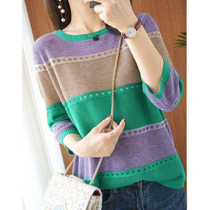 Thin Knit Sweater Half Sleeve Loose Striped Knitted Sweater Hollow Round Neck Pullover Sweater