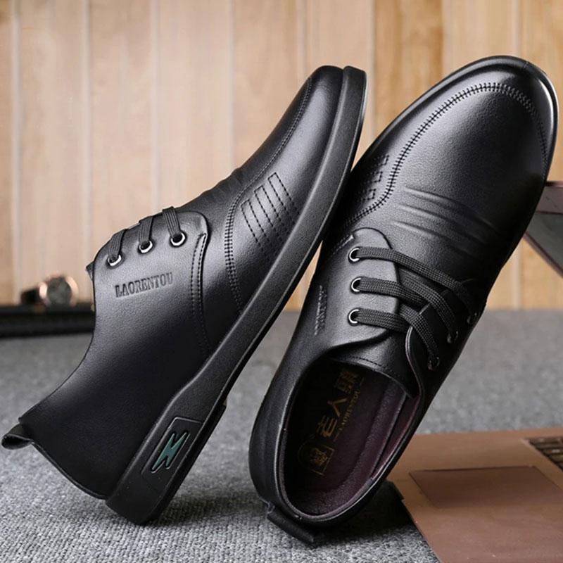 Men's Spring and Autumn Business Leather Shoes Real Cowhide Round Toe Breathable Dad Shoes Husband Casual Shoes Korean Men's Lace-up Shoes
