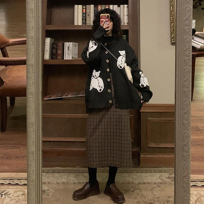 Autumn  Winter Sweater Cardigan Women's Casual Loose Fashion Retro Long-sleeved Shirt Student Wild Bear Sweater Coat