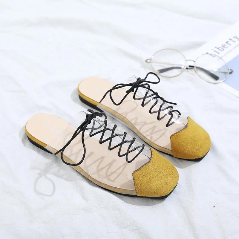Transparent Half Slippers Women Spring and Summer Square Head Lace Slippers Fashion Flat Slippers Women