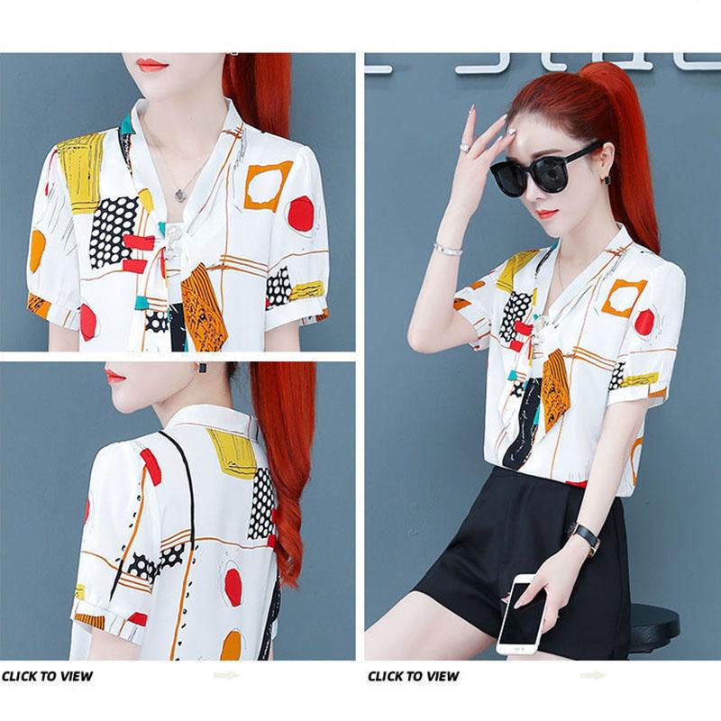 Short-sleeved Chiffon Shirt Ladies Temperament Shirt Summer Top Women's Small Shirt V-neck Neckline Tie Bowknot Fabric Light and Breathable