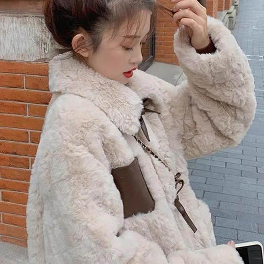 Winter Thickened Rabbit-like Plush Fur Loose Bow Short Lamb Wool Coat Women