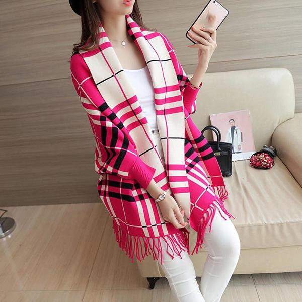 Autumn and Winter Knitted Bat Shirt Fashion Plaid Loose Cardigan Long Sleeve Sweater Women