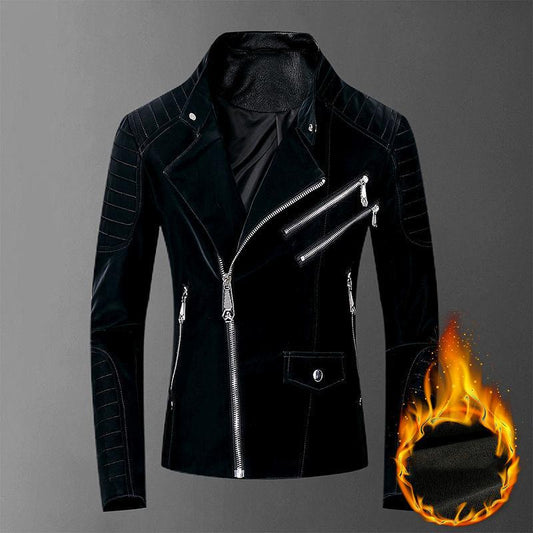 Plus Velvet Thick Korean Men's Leather Jacket Short Velvet Stand-up Collar Slim-fit Motorcycle Jacket Autumn and Winter