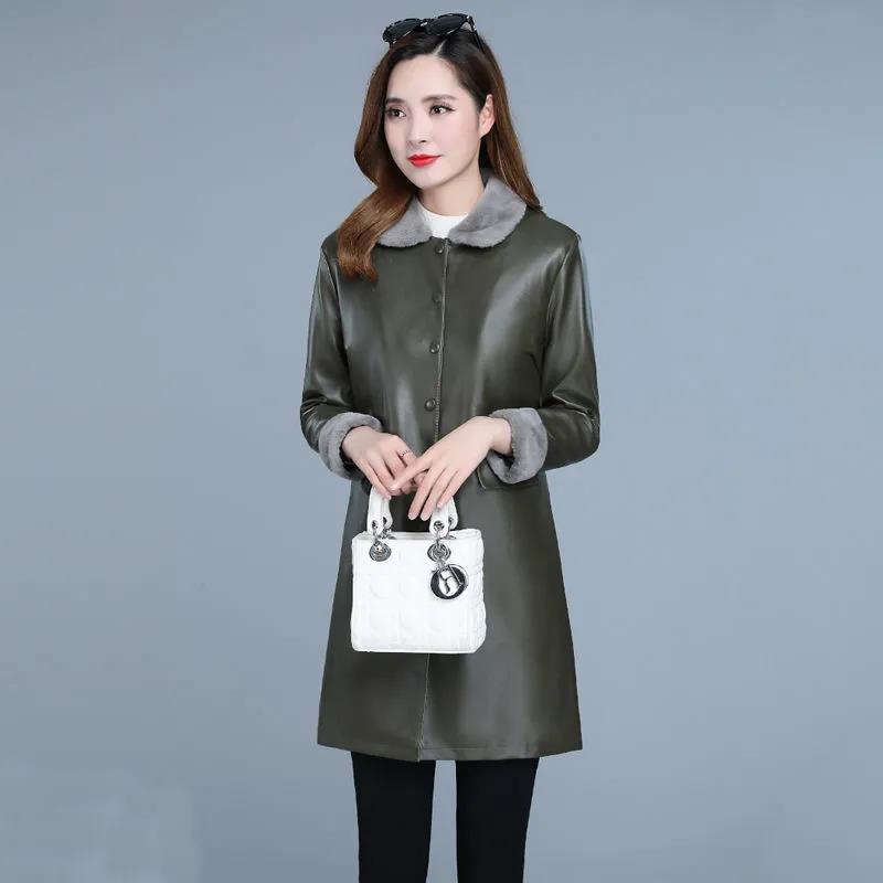 Winter Women's Leather Jacket Fashion Loose Mid-length Leather Jacket Plus Cotton Thick PU Leather Large Size Leather Jacket