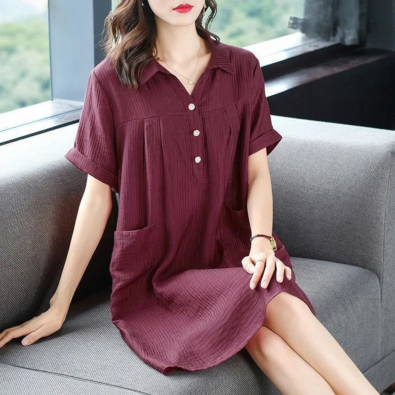Women T-shirt Dress Loose Turn-down collar Casual Loose Big Pocket Short Sleeve Buttons Dress