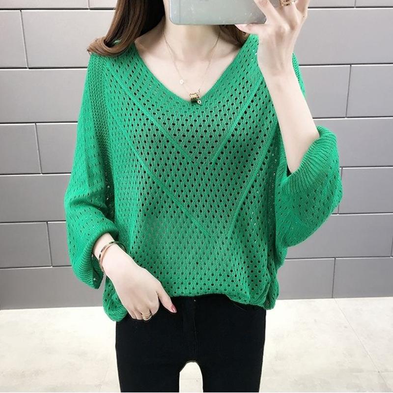 V-neck Bat Sleeve T-shirt Female Blouse Loose Large Size Short Upper Top Summer Hollow Sweater Women's Clothing