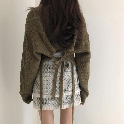 Hemp Pattern Retro Knitted Sweater Loose and Thin V-neck Jacket Short Solid Color Casual Top